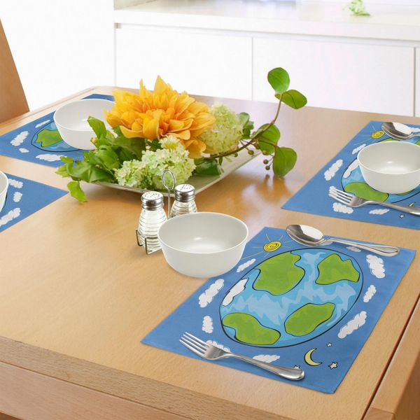 Abakuhaus Tovagliette, Disegno Infantile Del Pianeta Terra Circondato Da Nuvole, Ciclo Giorno E Notte, Tiscjdeco In Tessuto Resistente Al Lavaggio Per Sala Da Pranzo E Cucina, Bianco Verde Blu-image