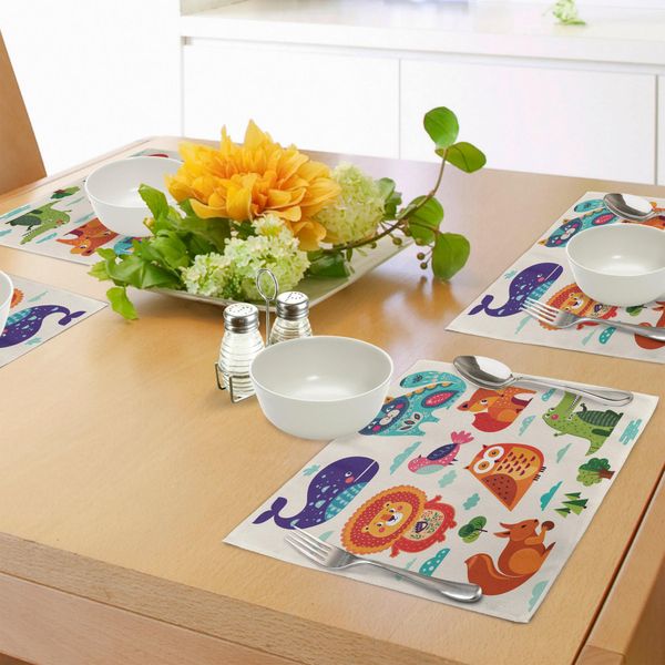 Tovagliette Abakuhaus Zoo, Simpatici Animali E Uccelli Con Motivi Etnici Nativi Composizione Infantile Nursery Per Bambini, Tiscjdeco In Tessuto Resistente Al Lavaggio Per La Sala Da Pranzo E La Cucina, Multicolore-image