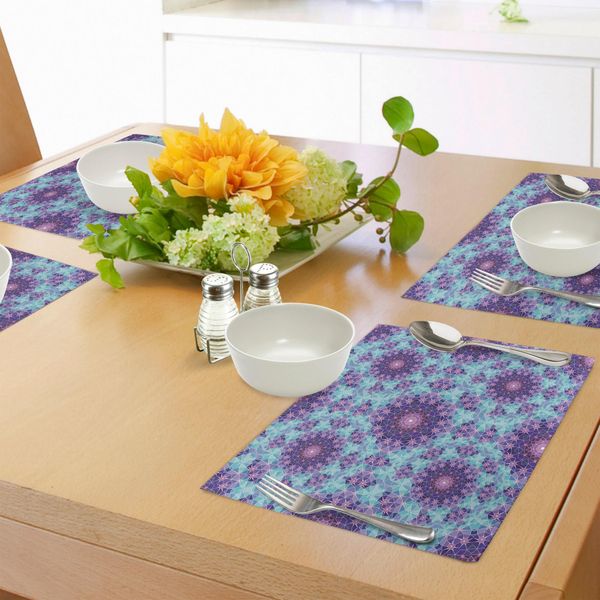 Abakuhaus Tovagliette Mandala Viola, Mosaico Geometrico Frattale, Simbolo Etnico Dell'arte Grafica Dell'universo, Tessuto Lavabile E Resistente Allo Scolorimento Per Sala Da Pranzo E Cucina, Azzurro, Viola, Viola, Verde Acqua-image