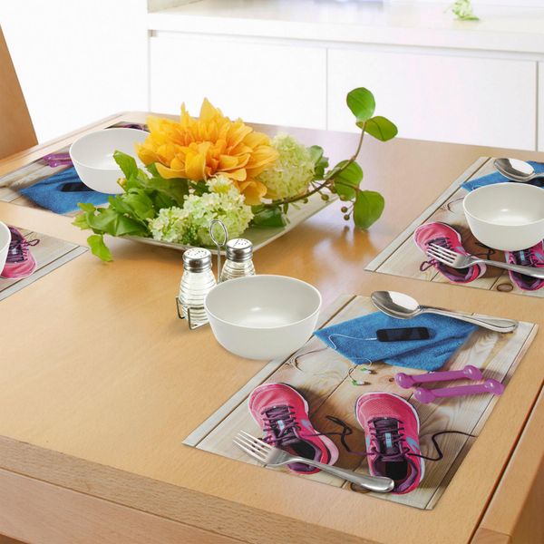Tappetini Fitness Abakuhaus, Tema Palestra Scarpe Da Corsa Da Donna E Manubri Attrezzatura Per L'allenamento Immagine, Tiscjdeco In Tessuto Resistente Al Colore Per La Sala Da Pranzo E La Cucina, Multicolore-image