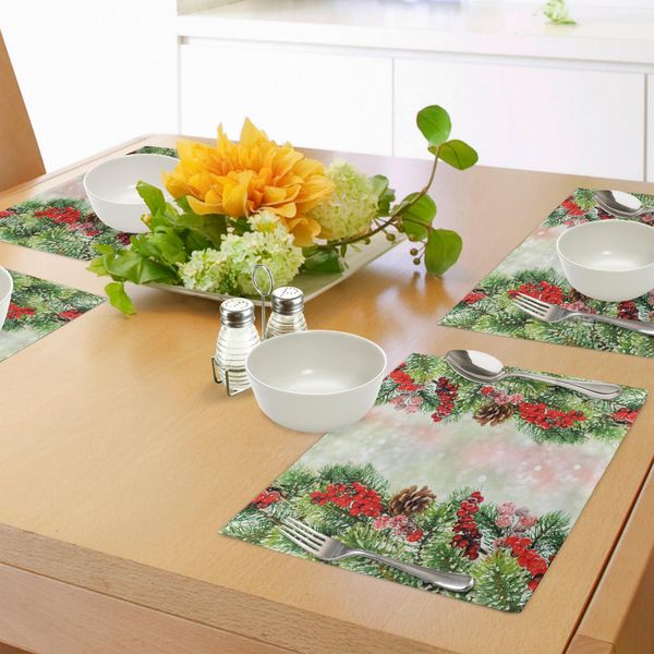 Tovagliette Natalizie Abakuhaus, Rami Naturali Chiari Con Bacche Di Agrifoglio Rosse Su Sfondo Innevato Sfocato, Decorazioni Da Tavola In Tessuto Resistente Al Lavaggio Per La Sala Da Pranzo E La Cucina, Multicolore-image