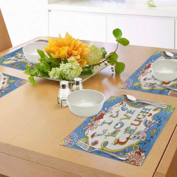 Abakuhaus Tovagliette "Vivi, Ridi, Ama"", Fantasia Floreale Colorata Con Scarabocchi E Volute Festive E Romantiche, Decorazioni Da Tavola In Tessuto Resistente Ai Colori Per La Sala Da Pranzo E La Cucina, Multicolore"-image