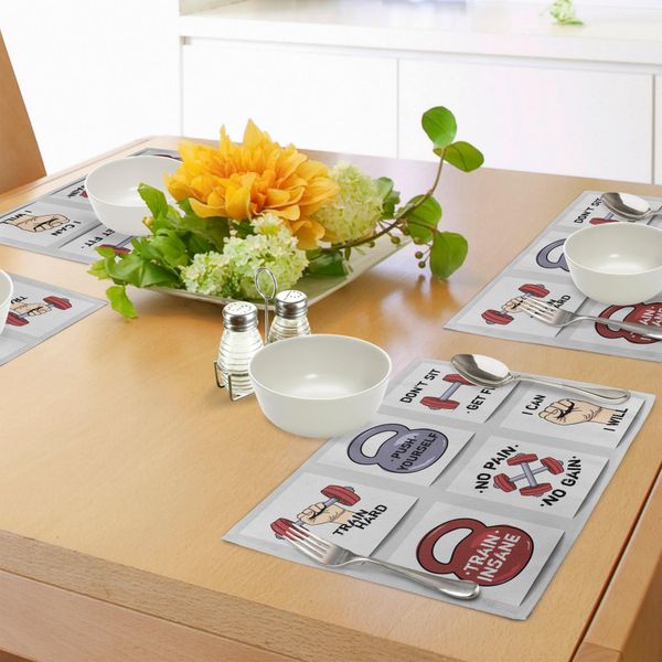 Tappetini Fitness Abakuhaus, Frasi Motivazionali In Stile Cartoon Moderno, Stile Caricaturale Push Yourself Fit, Tiscjdeco In Tessuto Resistente Al Lavaggio Per Sala Da Pranzo E Cucina, Nero Grigio Rosso-image