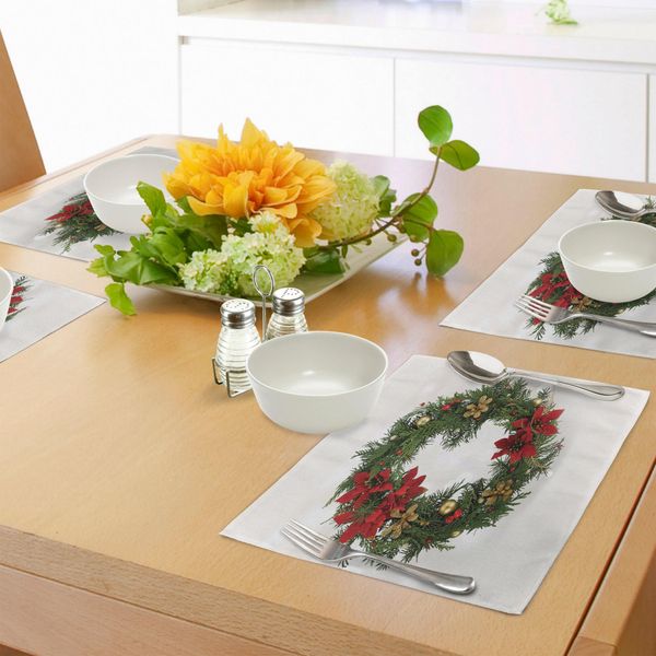 Abakuhaus Tovagliette Natalizie, Ghirlanda Floreale Design Culturale Fiori Di Poinsettia Pigne E Rami Di Agrifoglio, Decorazioni Da Tavola In Tessuto Resistente Al Lavaggio Per Sala Da Pranzo E Cucina, Multicolore-image