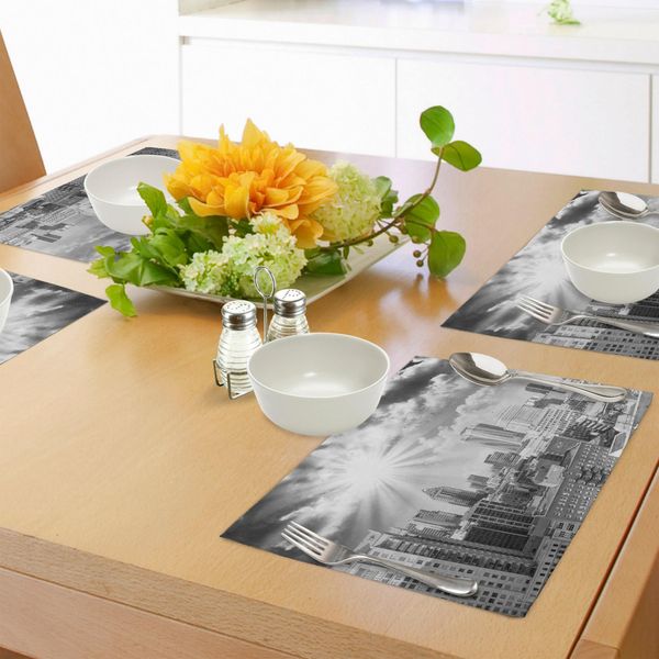 Abakuhaus Tovagliette Bianche E Nere, Panorama A Volo D'uccello Di Montreal, Canada, Con Grattacieli, Tiscjdeco In Tessuto Resistente Al Lavaggio Per Sala Da Pranzo E Cucina, Bianco, Nero, Grigio-image