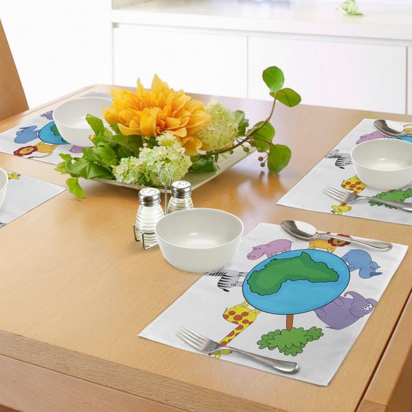 Tovagliette Abakuhaus Zoo, Icona Mondiale Continente Africano Simpatici Animali Cartoon Leone Giraffa Zebra Ippopotamo Elefante, Tiscjdeco In Tessuto Resistente Ai Colori Per Sala Da Pranzo E Cucina, Multicolore-image