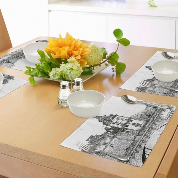 Tovagliette Abakuhaus Paris, Vista Del Pont Neuf, Storico Simbolo Francese, Disegno Di Architettura Urbana, Tiscjdeco In Tessuto Resistente Al Colore Per La Sala Da Pranzo E La Cucina, Bianco E Nero-image