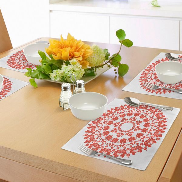 Abakuhaus Tovagliette Rossa Mandala, Motivo Tradizionale Ungherese Con Tulipani Kalocsai Vecchio Stile, Tiscjdeco In Tessuto Resistente Al Lavaggio Per Sala Da Pranzo E Cucina, Bianco E Rosso-image