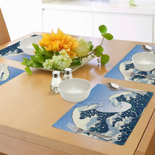 Abakuhaus Tovagliette Giapponesi, Pittura Orientale Oceanic Storm Theme Tsunami Wind Water Artwork, Tiscjdeco In Tessuto Resistente Al Colore Per La Sala Da Pranzo E La Cucina, Bianco Verde Acqua Blu-image