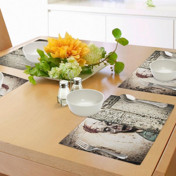 Tovagliette Abakuhaus Zombie, Uomo Morto In Una Vecchia Casa Abbandonata - Inferno - Mistero - Sangue - Vampiro Design Artistico, Tiscjdeco In Tessuto Resistente Al Lavaggio Per La Sala Da Pranzo E La Cucina, Verde Giada Crema-image