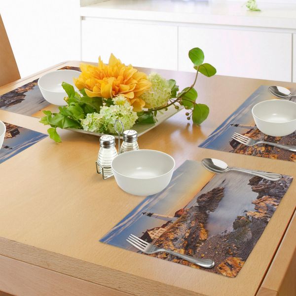 Abakuhaus Stati Uniti Tovagliette, Cape Elizabeth Maine River Portland Lighthouse Sunrise Usa Coastal Landscape, Tiscjdeco In Tessuto Resistente Al Colore Per La Sala Da Pranzo E La Cucina, Azzurro Chiaro Tan-image