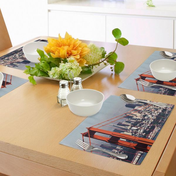 Abakuhaus Stati Uniti Tovagliette, San Francisco Bridge E Panorama Urbano Metropoli Financial District, Tiscjdeco In Tessuto Resistente Al Lavaggio Per Sala Da Pranzo E Cucina, Azzurro Arancione Bianco-image