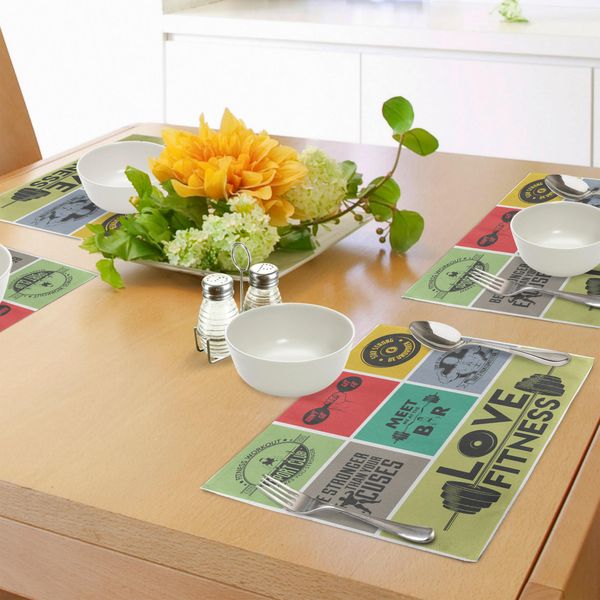 Tappetini Fitness Abakuhaus, Diverse Citazioni Con Motivi In Cornici Colorate Per Uno Stile Di Vita Attivo E Sano, Decorazioni Da Tavolo In Tessuto Resistente Al Lavaggio Per La Sala Da Pranzo E La Cucina, Multicolore-image
