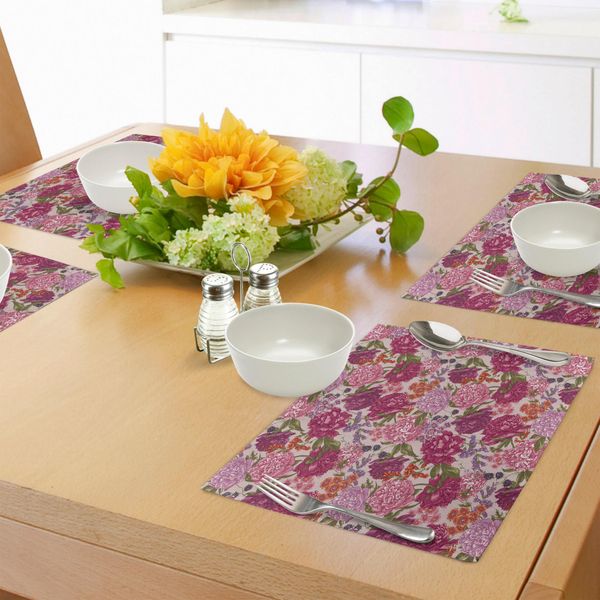 Tovagliette Abakuhaus Shabby Chic, Peonie Blackberry E Fiori Selvatici In Stile Vintage Con Tema Naturale Colorato, Decorazioni Da Tavola In Tessuto Resistente Al Lavaggio Per La Sala Da Pranzo E La Cucina, Multicolore-image