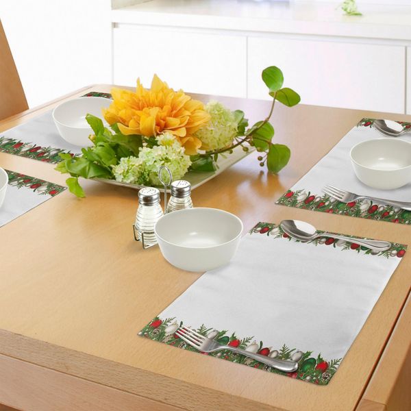 Tovagliette Natalizie Abakuhaus, Decorazioni Natalizie Con Punte Di Pino, Bacche Rosse, Tema Festivo, Decorazioni Da Tavola In Tessuto Resistente Al Lavaggio Per Sala Da Pranzo E Cucina, Verde Scuro E Rosso.-image