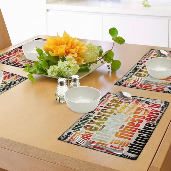 Tappetini Fitness Abakuhaus, Struttura Grungy Con Diverse Parole Healthcare Concept Dieta-Resistenza-Allenamento, Tiscjdeco In Tessuto Resistente Al Colore Per La Sala Da Pranzo E La Cucina, Multicolore-image
