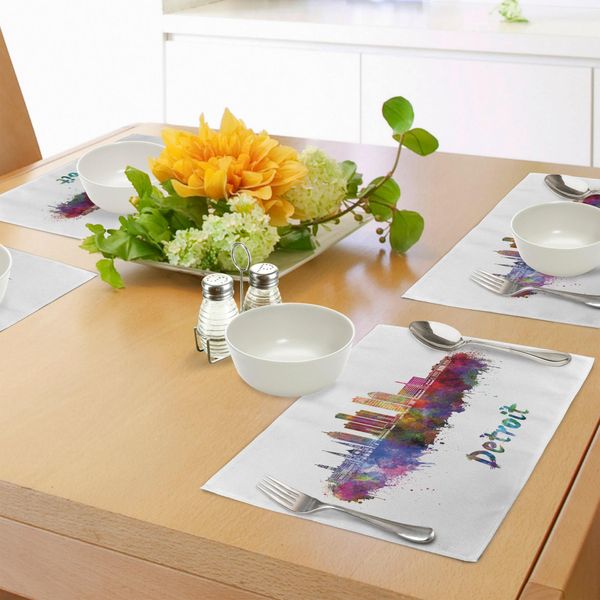 Tovagliette Abakuhaus Detroit, Skyline Artistico Dipinto Ad Acquerello Con Motivi Grunge Colorati Che Richiamano I Simboli Americani, Tiscjdeco In Tessuto Resistente Ai Colori Per La Sala Da Pranzo E La Cucina, Multicolore-image