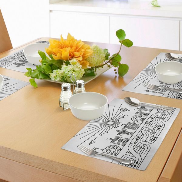 Tovagliette Abakuhaus Detroit, Tipografia Della Città Di Detroit Con Lettere Raffiguranti Edifici, Mezzi Di Trasporto E Mongolfiere, Tiscjdeco In Tessuto Resistente Ai Colori Per La Sala Da Pranzo E La Cucina, Bianco E Nero-image