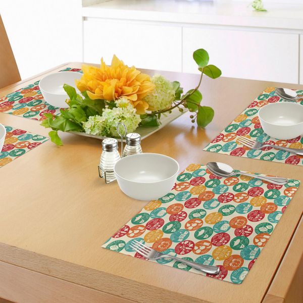 Tovagliette Fitness Abakuhaus, Icone Di Uno Stile Di Vita Sano - Motivi Colorati - Tè Verde - Cereali - Acqua - Grazioso Stile Retrò - Tiscjdeco In Tessuto Resistente Ai Colori Per La Sala Da Pranzo E La Cucina, Multicolore-image