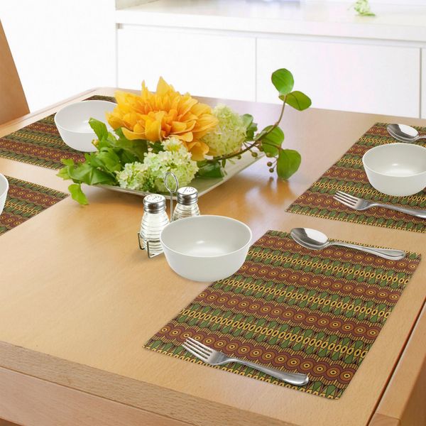 Abakuhaus Tovagliette Africane, Motivi Tribali Astratti, Bordi Etnici Verticali, Stile Folcloristico Hippie Antico, Tiscjdeco In Tessuto Resistente Ai Colori Per La Sala Da Pranzo E La Cucina, Verde Marrone Giallo-image