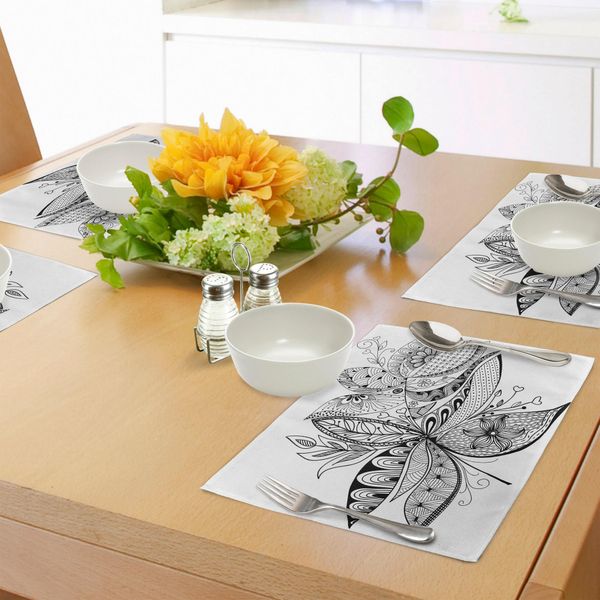 Abakuhaus Tovagliette Etniche, Motivi Floreali Stilizzati Arabeschi Con Effetti Ornamentali Mediorientali, Tiscjdeco In Tessuto Resistente Al Lavaggio Per La Sala Da Pranzo E La Cucina, Bianco E Nero-image