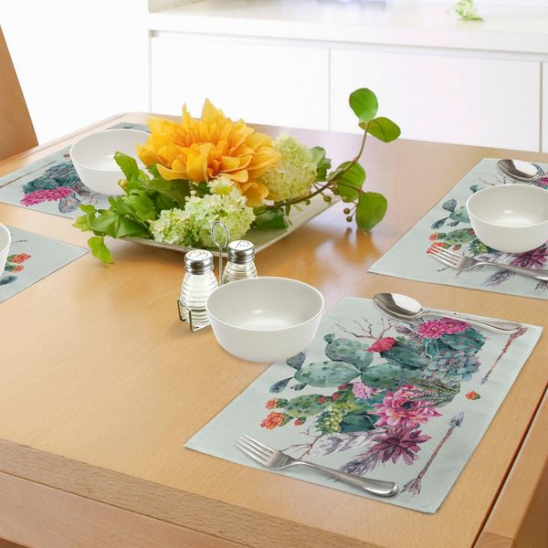 Tovagliette Abakuhaus Cactus, Giardino Primaverile Con Bouquet In Stile Boho Composto Da Piante Spinose, Fiori, Frecce E Piume, Decorazione Da Tavola In Tessuto Resistente Al Lavaggio Per Sala Da Pranzo E Cucina, Multicolore-image