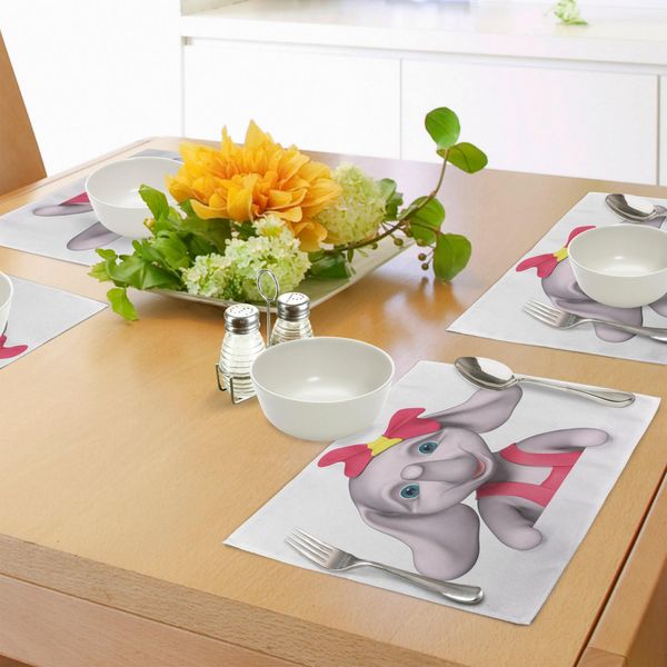 Abakuhaus Tovagliette Elephant Gardening, Simpatica Stampa Con Elefante 3D Sorridente In Stile Cartoon, Decorazione Da Tavola In Tessuto Resistente Ai Colori Per La Sala Da Pranzo E La Cucina, Giallo Grigio Rosa-image