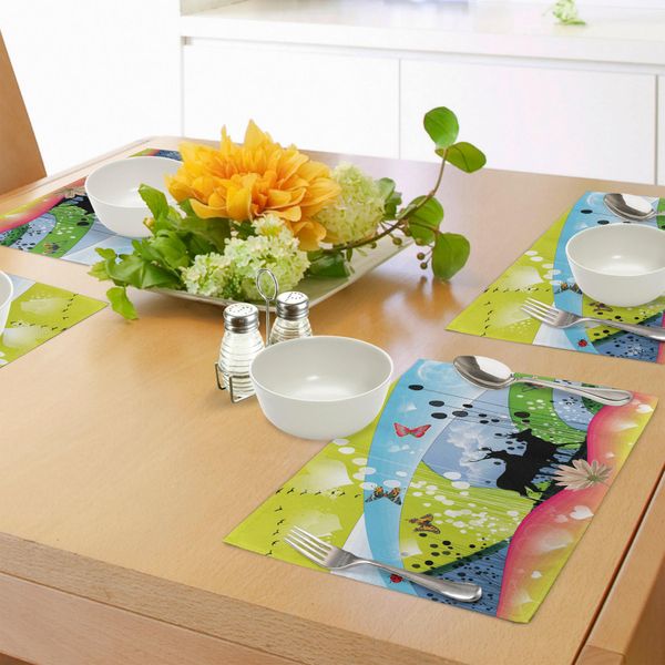 Tovagliette Naturali Abakuhaus, Due Renne, Con Farfalle Primaverili, Cuori Floreali, Grafica Pastorale, Tiscjdeco In Tessuto Resistente Al Lavaggio Per La Sala Da Pranzo E La Cucina, Multicolore-image