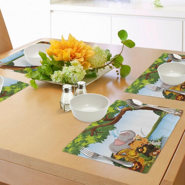 Tovagliette Per Bambini Abakuhaus, Vari Animali Dei Cartoni Animati Insieme A Fiumi, Rive, Alberi, Uccelli, Simpatici Animali Selvatici, Stampa Digitale Su Tessuto Lavabile, Decorazioni Per La Tavola, Cucina, Multicolore-image