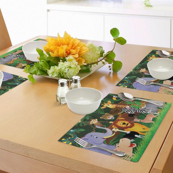 Tovagliette Abakuhaus Zoo, Animali Nella Giungla - Espressioni Divertenti, Esotiche, Buffe, Applausi, Illustrazioni Di Habitat Naturali, Tiscjdeco In Tessuto Resistente Ai Colori Per La Sala Da Pranzo E La Cucina, Multicolore-image