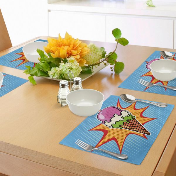Tovagliette Abakuhaus Eis, Coni In Stile Pop Art Retrò Con Grafica Vintage In Stile Fumetto Digitale, Tiscjdeco In Tessuto Resistente Ai Colori Per La Sala Da Pranzo E La Cucina, Multicolore-image