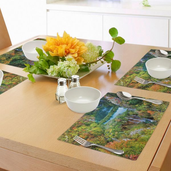 Abakuhaus Tovagliette Con Cascate, Scenografica Valle Delle Cascate Nelle Montagne Del Parco Nazionale Dei Laghi Di Plitvice In Croazia, Tiscjdeco In Tessuto Resistente Al Colore Per La Sala Da Pranzo E La Cucina, Arancione Verde Blu-image