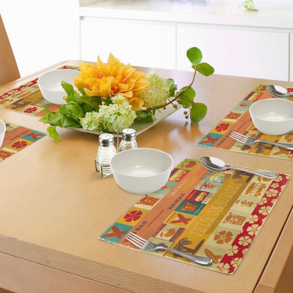 Tovagliette Abakuhaus Tiki Bar, Collezione Retro Travel Cards Vacanze Alle Hawaii Icone Stampa Vintage Stagionale, Decorazioni Da Tavola In Tessuto Resistente Ai Colori Per La Sala Da Pranzo E La Cucina, Multicolore-image