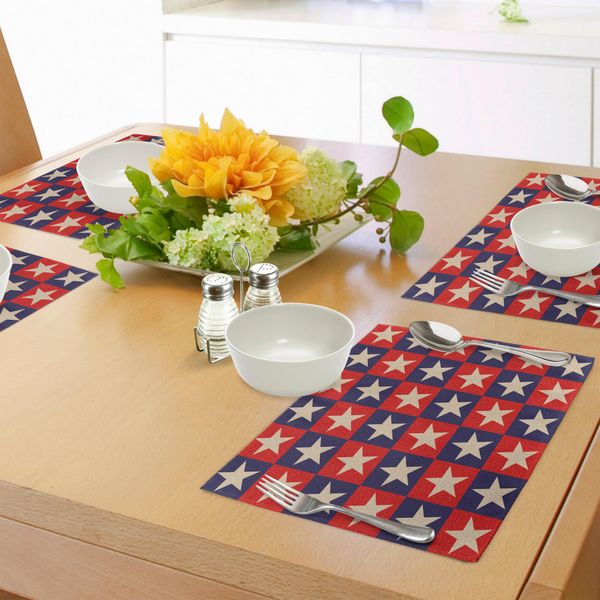 Abakuhaus Tovagliette Primitives Land, Motivo A Quadri Blu Navy E Rosso Con Disegno Patriottico A Stelle, Tiscjdeco In Tessuto Resistente Al Lavaggio Per La Sala Da Pranzo E La Cucina, Crema Rosso-image