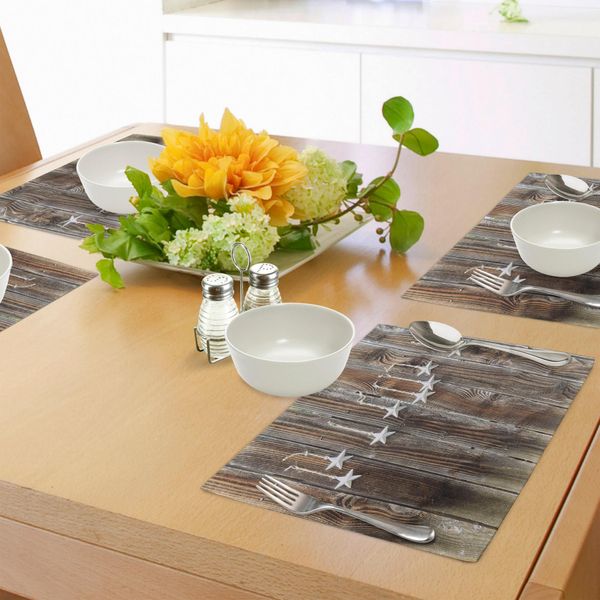 Abakuhaus Tovagliette Primitives Land, Stelle Argentate Decorate Su Recinzione Rustica In Legno Cabin Design Print, Tiscjdeco In Tessuto Resistente Al Lavaggio Per Sala Da Pranzo E Cucina, Marrone-image