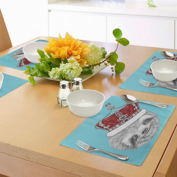 Tovagliette Abakuhaus Con Tema "Pigro"", Simpatico Animale Disegnato A Mano Con Corona Imperiale Antica E Tema ""Pigro"", Stampa Digitale Su Tessuto Lavabile, Decorazione Da Tavola Per Cucina, Bordeaux, Grigio, Acquamarina."-image