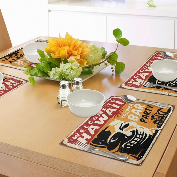 Tovagliette Abakuhaus Tiki Bar, Benvenuti Alle Hawaii Tropical Bar Party Stile Retrò Grunge Insegna Immagine Arte, Tessuto Lavabile Sala Da Pranzo Cucina Decorazioni Per La Tavola Stampa Digitale, Rosso Albicocca-image