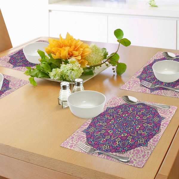 Abakuhaus Tovagliette Mandala Viola, Tema Astratto Floreale Cosmico Iconico Orientale Petalo Essenza, Tiscjdeco In Tessuto Resistente Al Lavaggio Per Sala Da Pranzo E Cucina, Rosa Chiaro Magenta Crema-image