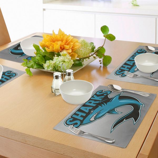 Tovagliette Abakuhaus Hai, Illustrazione Di Creature Marine Aggressive, Pinne Di Pesci Pericolosi, Mostri Marini, Vita Marina, Tiscjdeco In Tessuto Resistente Al Colore Per La Sala Da Pranzo E La Cucina, Blu Petrolio, Nero, Grigio-image
