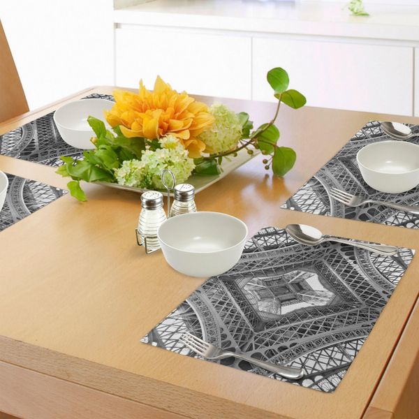 Abakuhaus Tovagliette Bianche E Nere, Vista Della Torre Eiffel Dal Basso Immagine Della Città Di Parigi - Monumento Francese, Tiscjdeco In Tessuto Resistente Al Lavaggio Per La Sala Da Pranzo E La Cucina, Bianco, Nero E Grigio-image