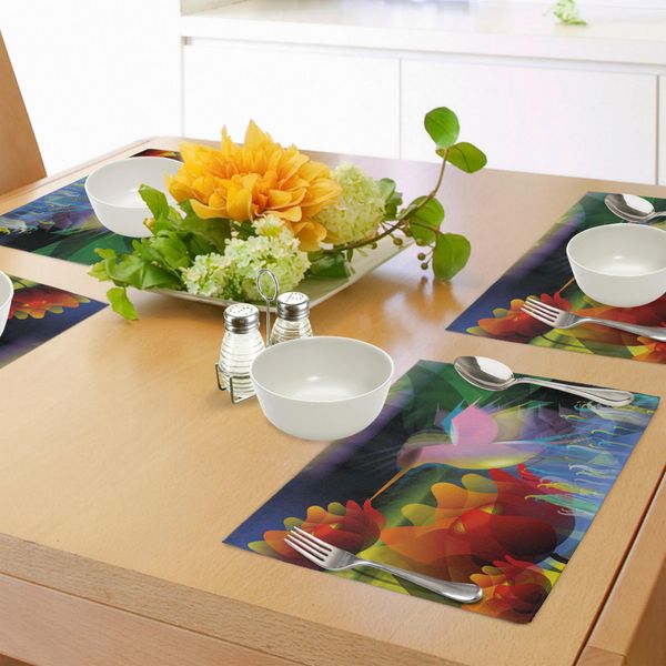 Tovagliette Artistiche Abakuhaus, Fantasia Digitale Con Un Uccellino Che Beve Il Nettare Dai Fiori, Grafica Frattale, Tiscjdeco In Tessuto Resistente Ai Colori Per La Sala Da Pranzo E La Cucina, Multicolore-image