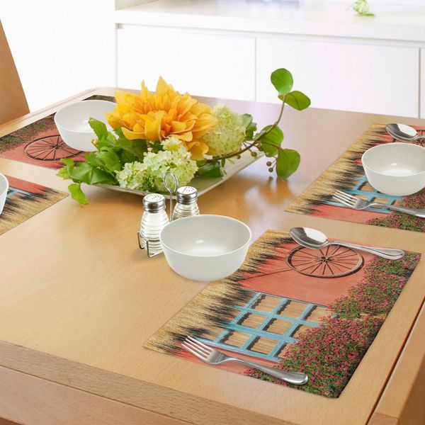 Abakuhaus Fienile Legno Ruota Di Carro Tovagliette, Casa Di Campagna In Ecuador Parete Rossa Finestra Fiori Estivi Tetto Di Paglia, Tiscjdeco In Tessuto Resistente Al Colore Per La Sala Da Pranzo E La Cucina, Multicolore-image