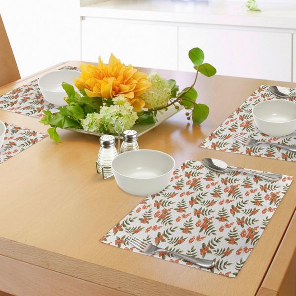 Abakuhaus Tovagliette In Sorbo, Motivo Botanico Con Foglie E Bacche Su Morbidi Pois Rosa, Tiscjdeco In Tessuto Resistente Al Lavaggio Per La Sala Da Pranzo E La Cucina, Verde Scuro Rosa Chiaro Arancione-image