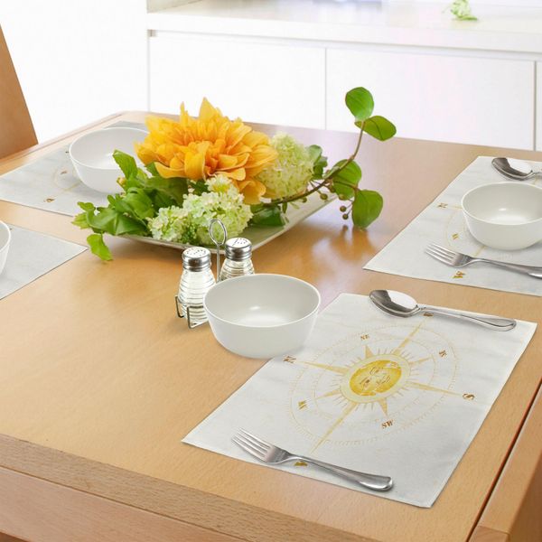 Tovagliette Abakuhaus Con Bussola, Rosa Dei Venti Vintage Con Il Volto Del Sole Al Centro, Nord, Sud-Est, Ovest, Tiscjdeco In Tessuto Resistente Al Colore Per La Sala Da Pranzo E La Cucina, Giallo-image