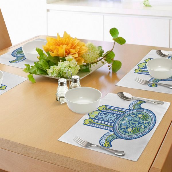 Tovagliette Abakuhaus Hamsa, Misticismo Asiatico Design Ispirato Alla Cultura Giapponese Con Il Potere Magico Dei Pesci Koi, Tiscjdeco In Tessuto Resistente Ai Colori Per La Sala Da Pranzo E La Cucina, Giallo Verde Blu-image