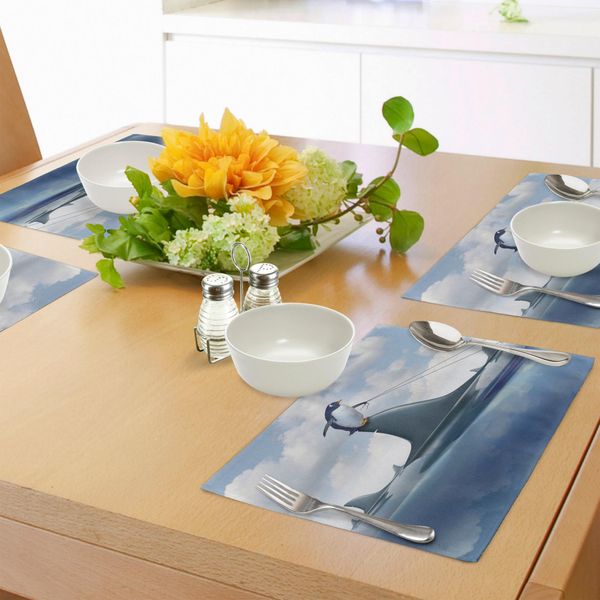 Tovagliette Abakuhaus Hai, Concetto Di Gestione Della Paura Con Un Pinguino Che Tiene In Mano Uno Squalo, Design Che Richiama L'umore, Tiscjdeco In Tessuto Resistente Al Lavaggio Per La Sala Da Pranzo E La Cucina, Blu Grigio Sabbia-image