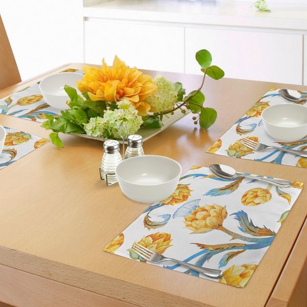 Tovagliette Abakuhaus Con Motivo Di Carciofi, Verdure Astratte Colorate In Stile Art Nouveau Con Disegno Acquerellato, Decorazioni Da Tavola In Tessuto Resistente Al Lavaggio Per La Sala Da Pranzo E La Cucina, Marrone, Giallo E Azzurro.-image