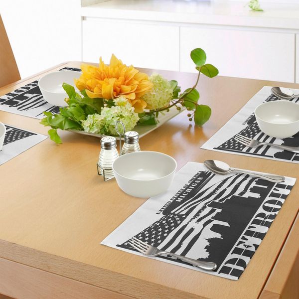 Tovagliette Abakuhaus Detroit, Tinta Unita, Silhouette Urbana, Bandiera Americana, Stati Uniti, Michigan, Tiscjdeco In Tessuto Resistente Al Lavaggio, Per Sala Da Pranzo E Cucina, Grigio Antracite, Bianco-image