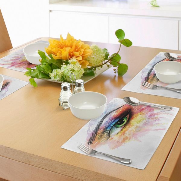 Tovagliette Abakuhaus, Ragazza Con Occhi Colorati E Figura Artistica Grunge Disegnata A Mano, Tiscjdeco In Tessuto Resistente Al Lavaggio Per Sala Da Pranzo E Cucina, Multicolore-image