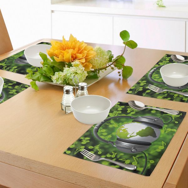 Tovagliette Abakuhaus, Mondo Della Musica Con Il Motto "Composizione Dj Cuffie Note E Globo Terrestre"", Tiscjdeco In Tessuto Resistente Al Colore Per La Sala Da Pranzo E La Cucina, Verde Lime Grigio"-image